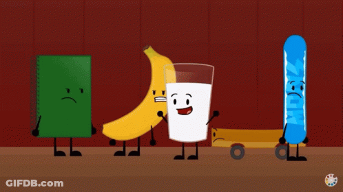 A Banana A Glass Of Milk A Notebook And A Snowboard Are Standing Next To Each Other On A Table GIF