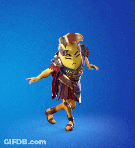 A Banana In A Gladiator Costume Is Dancing In Front Of A Blue Background . GIF