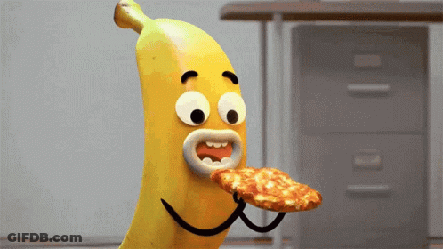 A Banana Is Eating A Slice Of Pizza With Its Mouth Open GIF