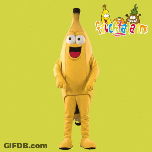 A Banana Mascot Is Standing In Front Of A Green Background With The Words Fruchaland Printed On It GIF