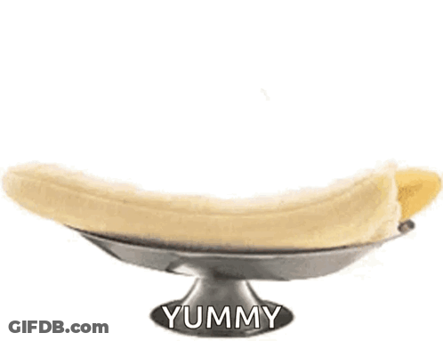 A Banana Split With Ice Cream And Whipped Cream And A Cherry On Top With The Word Yummy Below It GIF