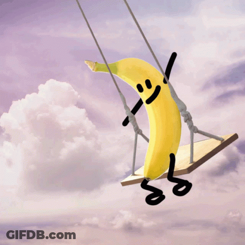 A Banana With Arms And Legs Is Sitting On A Wooden Swing GIF