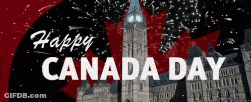 A Banner That Says Happy Canada Day With A Clock Tower GIF