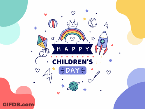 A Banner That Says Happy Children 'S With A Rainbow And A Rocket On It GIF