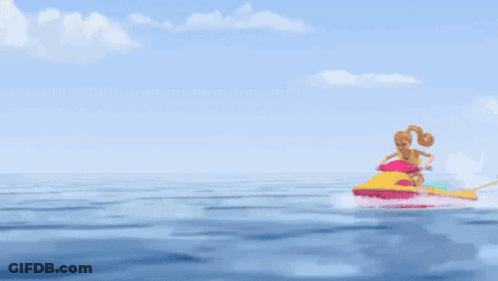 A Barbie Doll Is Riding A Jet Ski In The Ocean GIF