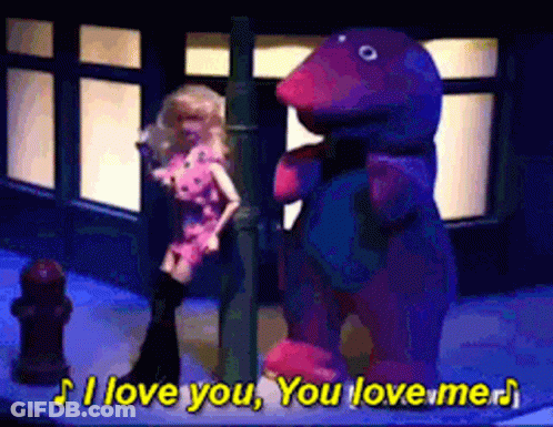 A Barbie Doll Is Standing Next To A Purple Dinosaur Who Says I Love You You Love Me GIF