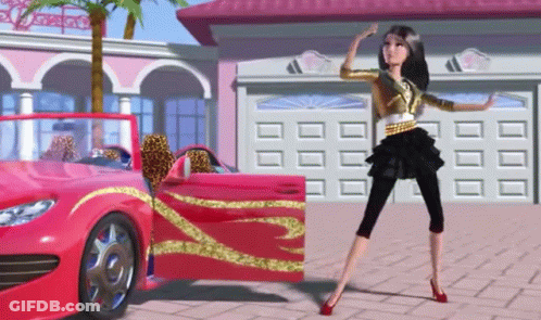 A Barbie Doll Is Standing Next To A Red Car GIF