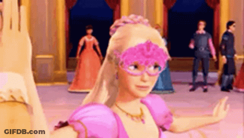A Barbie Doll Wearing A Pink Mask Is Dancing In A Room . GIF