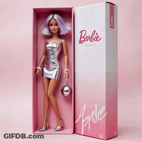 A Barbie Doll With Purple Hair Is In A Pink Box With The Word Barbie On It GIF
