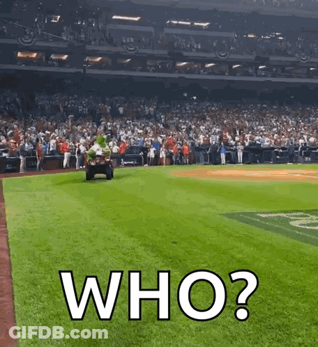 A Baseball Field With The Question Who Written On The Grass GIF