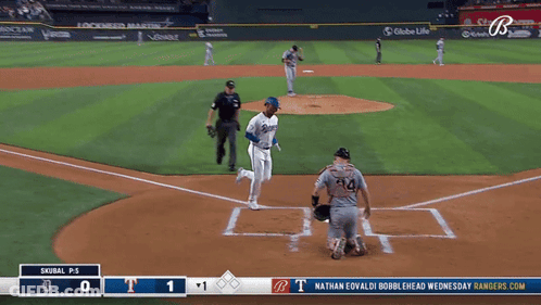 A Baseball Game Between The Dodgers And The Rangers Is Underway GIF