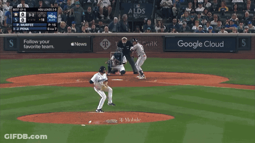 A Baseball Game Is Being Played In A Stadium Sponsored By T Mobile And Alaska Air GIF