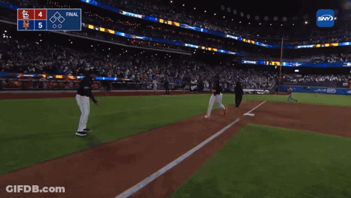 A Baseball Game Is Being Played In A Stadium With A Scoreboard That Says Final GIF