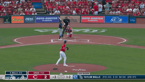 A Baseball Game Is Being Played In A Stadium With Advertisements For Reese 'S And Roto-Rooter GIF