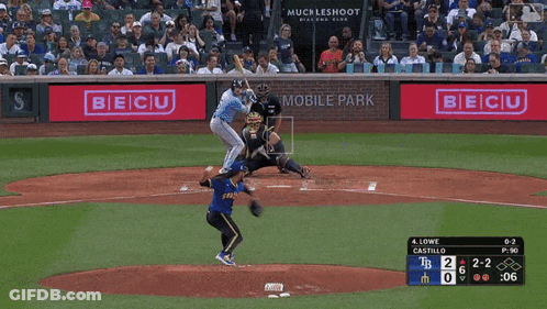 A Baseball Game Is Being Played In A Stadium With Becu Ads On The Wall GIF