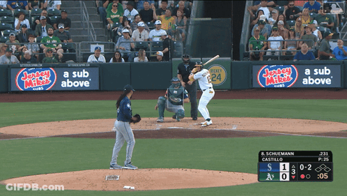A Baseball Game Is Being Played In Front Of A Banner That Says Jersey Mikes On It GIF