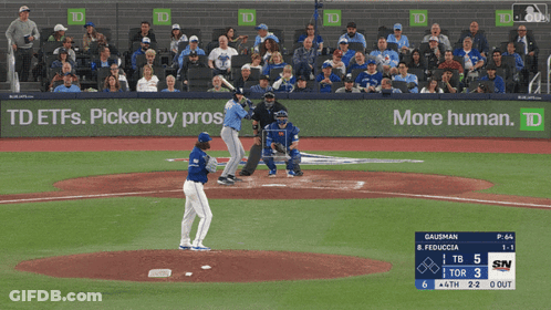 A Baseball Game Is Being Played In Front Of A Banner That Says Td Etfs GIF