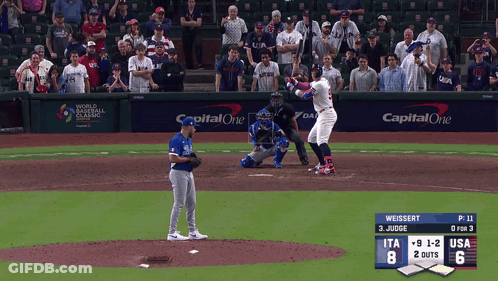 A Baseball Game Is Being Played In Front Of A Crowd And The Score Is 8 To 6 GIF
