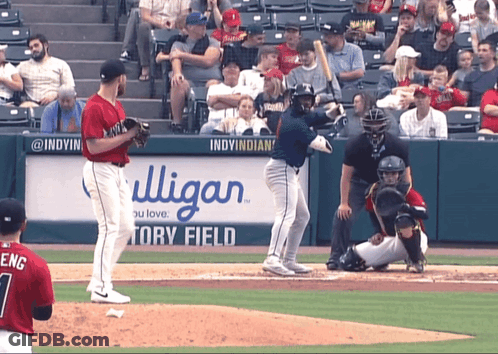 A Baseball Game Is Being Played In Front Of A Sign That Says Indy Indians GIF