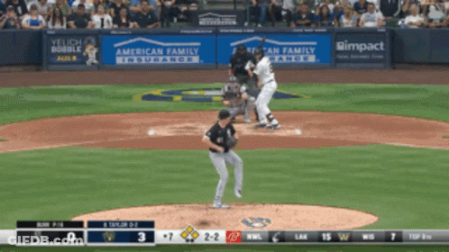 A Baseball Game Is Being Played In Front Of An American Family Insurance Sign GIF