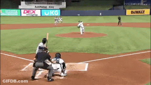 A Baseball Game Is Being Played On A Field With Advertisements For Dewalt And Dex Imaging . GIF