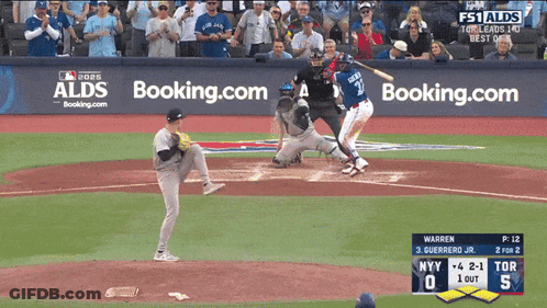 A Baseball Game Is Being Played With Advertisements For Booking.com GIF