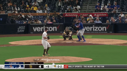 A Baseball Game Is Being Played With Advertisements For Verizon And State Farm GIF