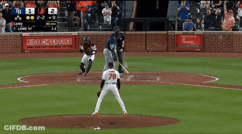 A Baseball Game Is Being Played With An Ad For Kids Cheer Free In The Background GIF