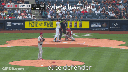 A Baseball Game Is Being Played With Kyle Schwarber As The Elite Defender GIF