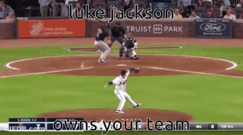 A Baseball Game Is Being Played With The Words Luke Jackson Owns Your Team On The Screen GIF