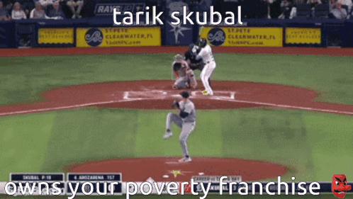 A Baseball Game Is Being Played With The Words " Owns Your Poverty Franchise " On The Screen GIF