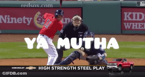 A Baseball Game Is Being Shown On A Screen That Says Ya Mutha High Strength Steel Play GIF