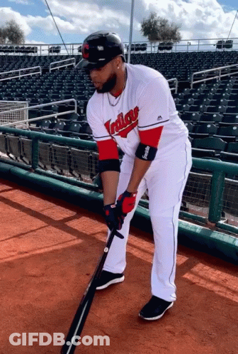 A Baseball Player For The Indians Holds A Bat GIF