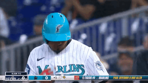 A Baseball Player For The Miami Marlins Looks Down At The Scoreboard GIF
