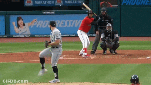 A Baseball Player Getting Ready To Hit A Ball With Progressive Field Advertisements In The Background GIF