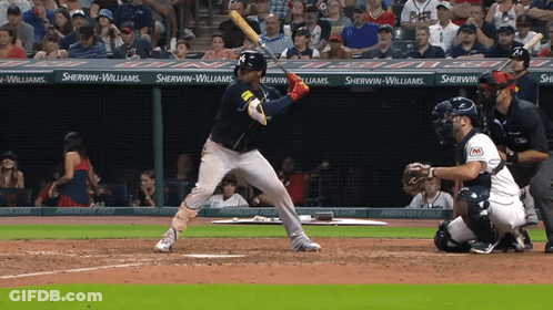 A Baseball Player Getting Ready To Hit A Ball With Sherwin-Williams Advertisements In The Outfield GIF