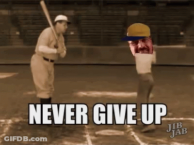 A Baseball Player Holding A Bat With The Words Never Give Up Written Below Him GIF