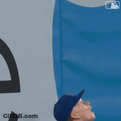A Baseball Player In A Blue Hat Is Holding A Baseball Glove In His Hand . GIF
