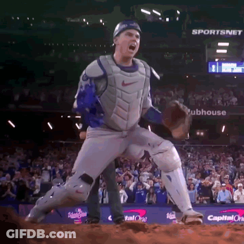A Baseball Player In A Catcher 'S Uniform Stands In Front Of A Sportsnet Sign GIF