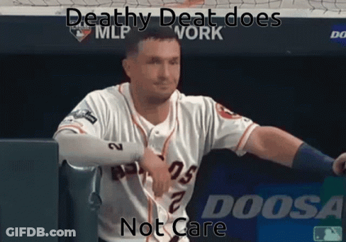 A Baseball Player In A Dugout With The Words Deathy Deat Does Not Care Above Him GIF
