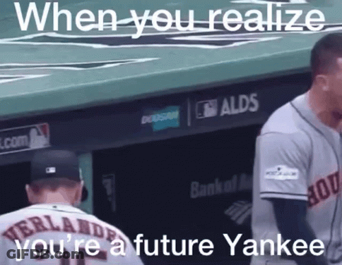 A Baseball Player In A Dugout With The Words When You Realize You 'Re A Future Yankee On The Bottom GIF