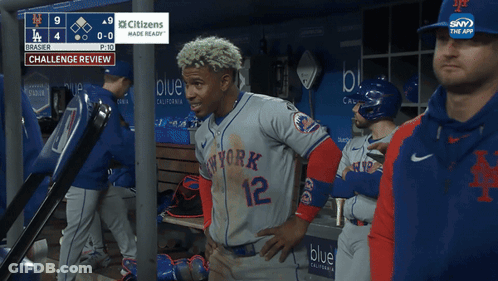 A Baseball Player In A New York Jersey Stands In The Dugout GIF