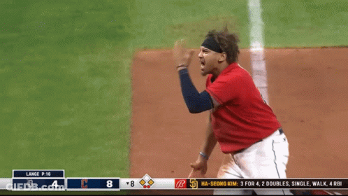 A Baseball Player In A Red Jersey With The Number 8 On The Bottom Left GIF