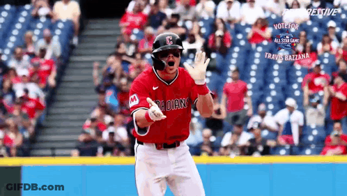 A Baseball Player In A Red Uniform With The Letter C On The Front GIF