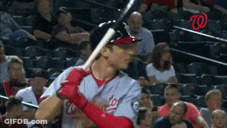 A Baseball Player In A Washington Nationals Uniform Holds His Bat GIF
