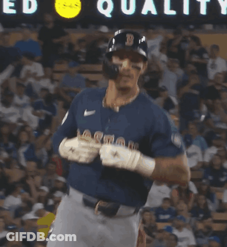A Baseball Player In Front Of A Sign That Says " Sted Qualit " GIF