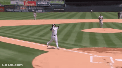 A Baseball Player Is Catching A Ball On A Field GIF