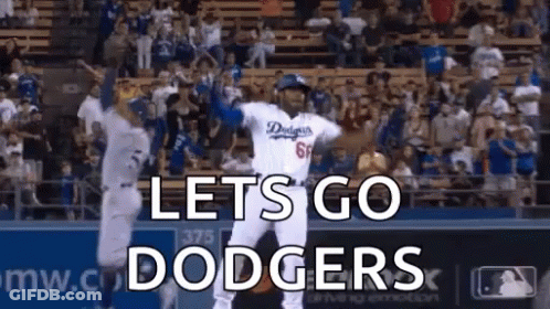 A Baseball Player Is Dancing On The Field With The Words `` Lets Go Dodgers '' Written Above Him . GIF