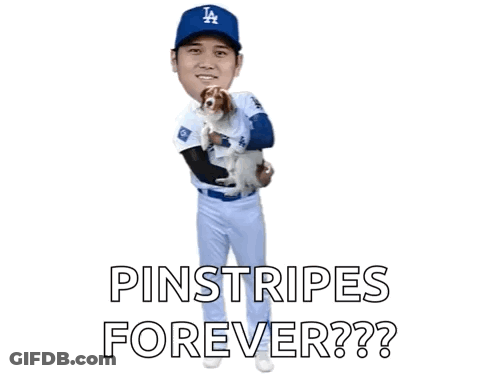 A Baseball Player Is Holding A Dog With The Words Pinstripes Forever Written Below Him GIF