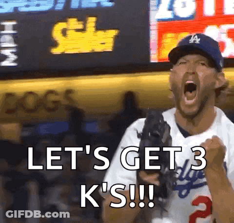A Baseball Player Is Holding A Glove And Shouting " Let 'S Get 3 K 'S !! " GIF